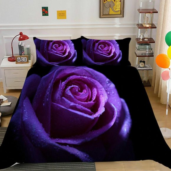 Purple Rose Flower Quilt Duvet Cover Set Doona Cover Bedspread Double Pillowcase3-Piece Bedding Set
