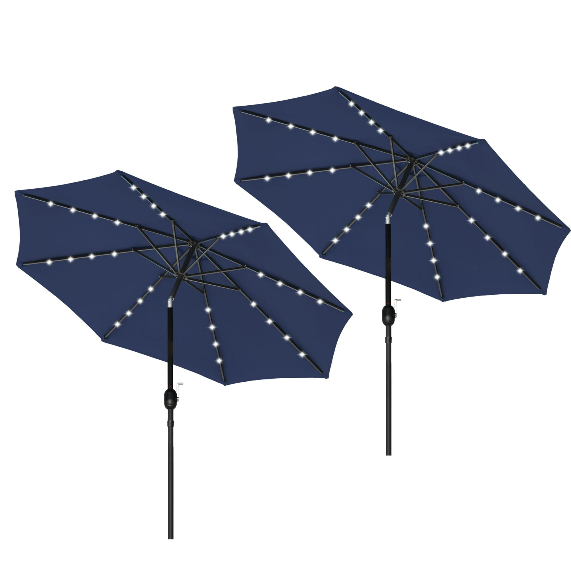 Sombrilla Solar Simple Deluxe De 2,7 M Con 32 Luces Led Para Patio, Mesa, Mercado, Con Botón De Inclinación Y Manivela Para Jardín, Terraza, Patio Y Piscina, Color Azul Oscuro