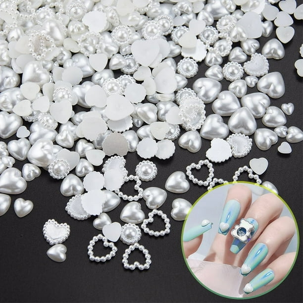500 Pcs Half White Pearls Heart Nail Beads Charms Mixed Sizes Spring Summer Flatback ABS Heart Assorted Pearls Heart Beads 3D Nail Art Charms Material Embellishments For Nail Art DIY Crafts Accessorie