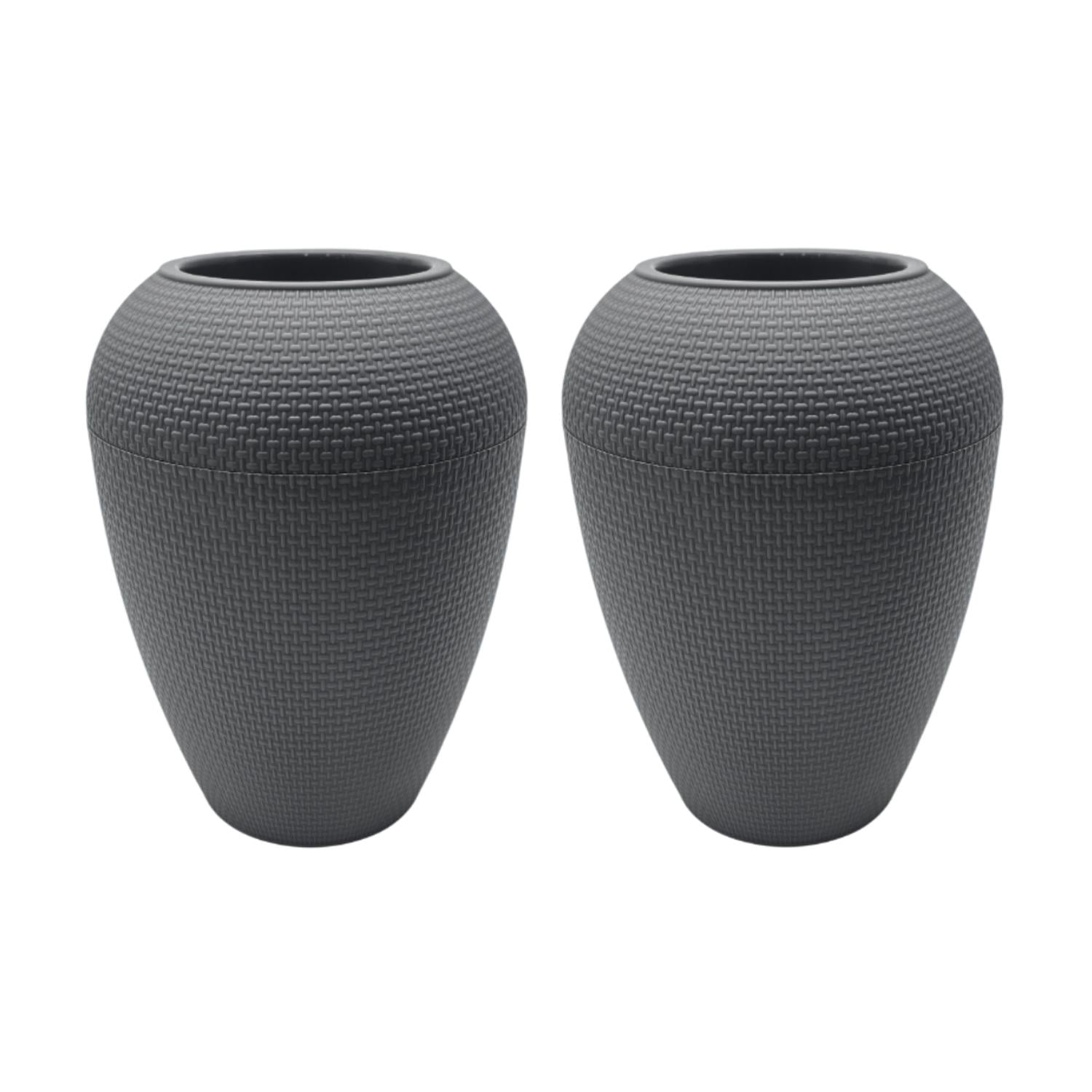 Fliperex - Set 2 Maceteros Plastico Redondo Ovalado Moderno Textura M Gris