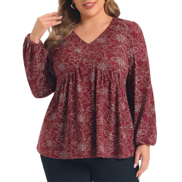 GRACE & GRANDEUR Blusas de Talla Grande para Mujer con Estampado Floral Cuello en V Mangas de Linterna Cuello Redondo Punto Casual Suelto Babydoll 4X Rojo Oscuro