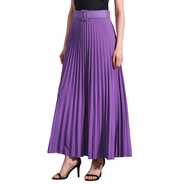 INSPIRE CHIC Falda Plisada de Mujer con Cintura Alta Elástica y Cinturón, Falda Maxi de Línea A Flowy M Púrpura