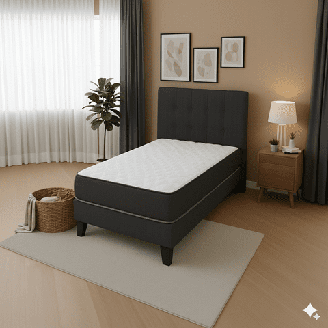 M&E - Cama 1 Plazas Completa | Base Europea + Colchón 25 Cm + Respaldo Tapizado