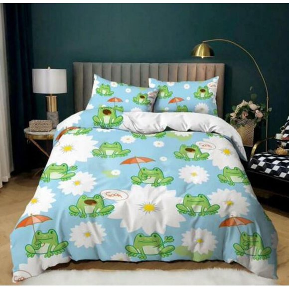 Cute Frog Kids Gift Quilt Duvet Cover Set Kids Bedclothes Soft3-Piece Bedding Set