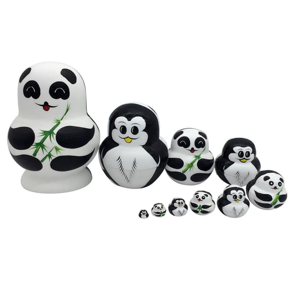 Mu?eca Rusa De Madera Para Anidar, Mu?ecas Matryoshka, Regalos, 10 Piezas, Pingüinos Pandas