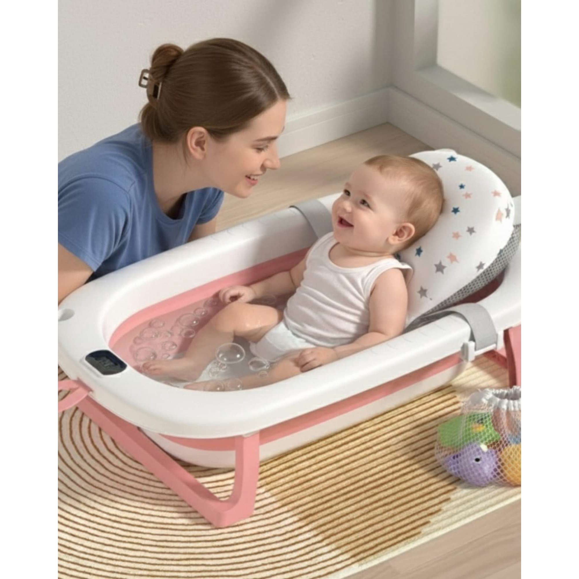 Imac Hogar - Bañera Plegable Con Termometro Y Cojín Para Bebes Rosa