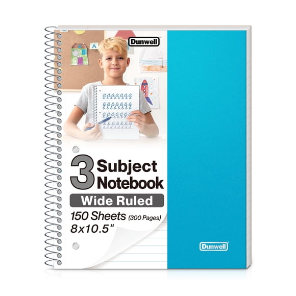 Cuaderno Dunwell de 3 materias, renglones anchos, 300 páginas