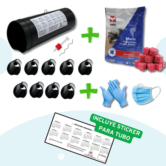 Kit Desratización: 10 Tubos Cebaderos + Veneno + Guantes + Mascarilla + Instructivos