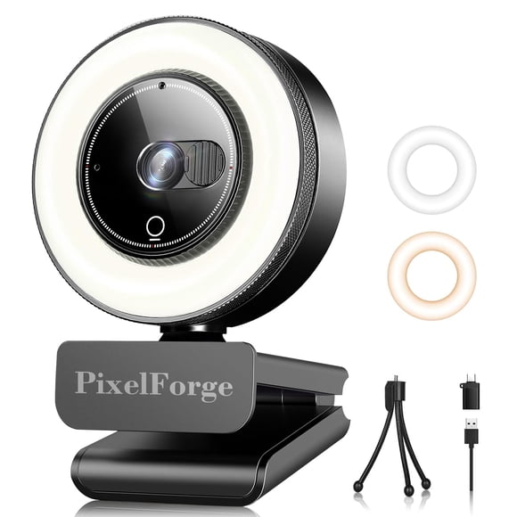Cámara web PixelForge 2K con micrófono, luz y cubierta de privacidad