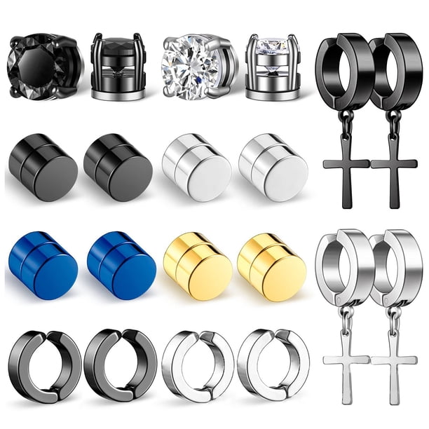 10 pares de pendientes magnéticos de acero inoxidable con circonitas, sin perforaciones, para hombre. Material duradero.