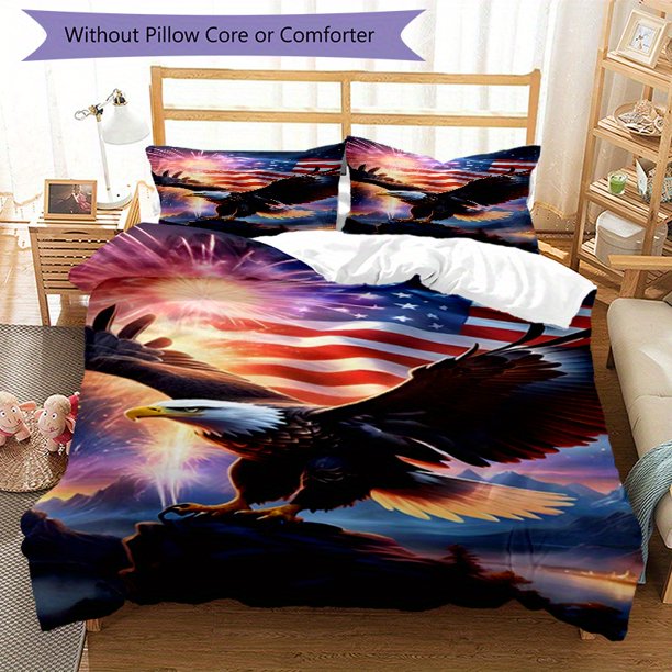 3pcs Bedding Set Duvet Cover Closure Includes 1 Duvet Cover & 2 Pillowcases for All Seasons Bedroom Decor, Home Dorm High-Definition Print Eagle and Flag A235