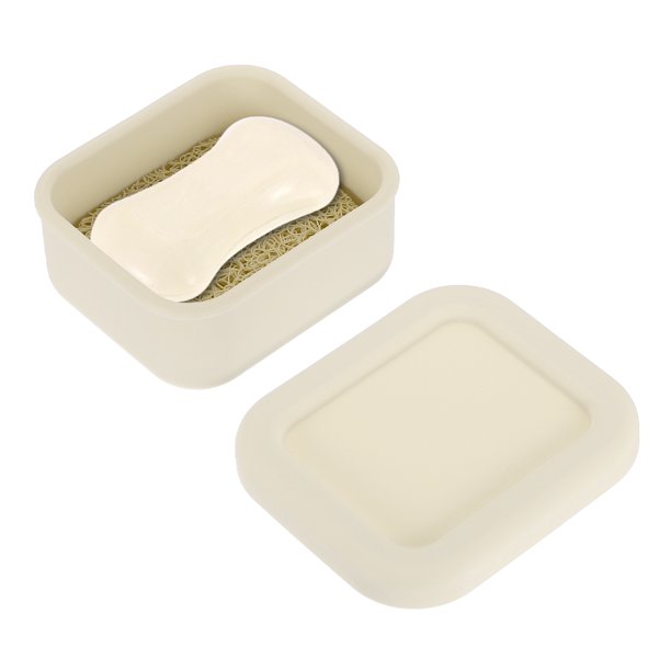 Uxcell Caja de Viaje de Silicona para Jabón, Contenedor de Jabón de 3.7x3.3x1.6 Pulgadas para Viajar con Almohadilla de Drenaje, Contenedor a Prueba de Fugas para Barra de Champú, Beige