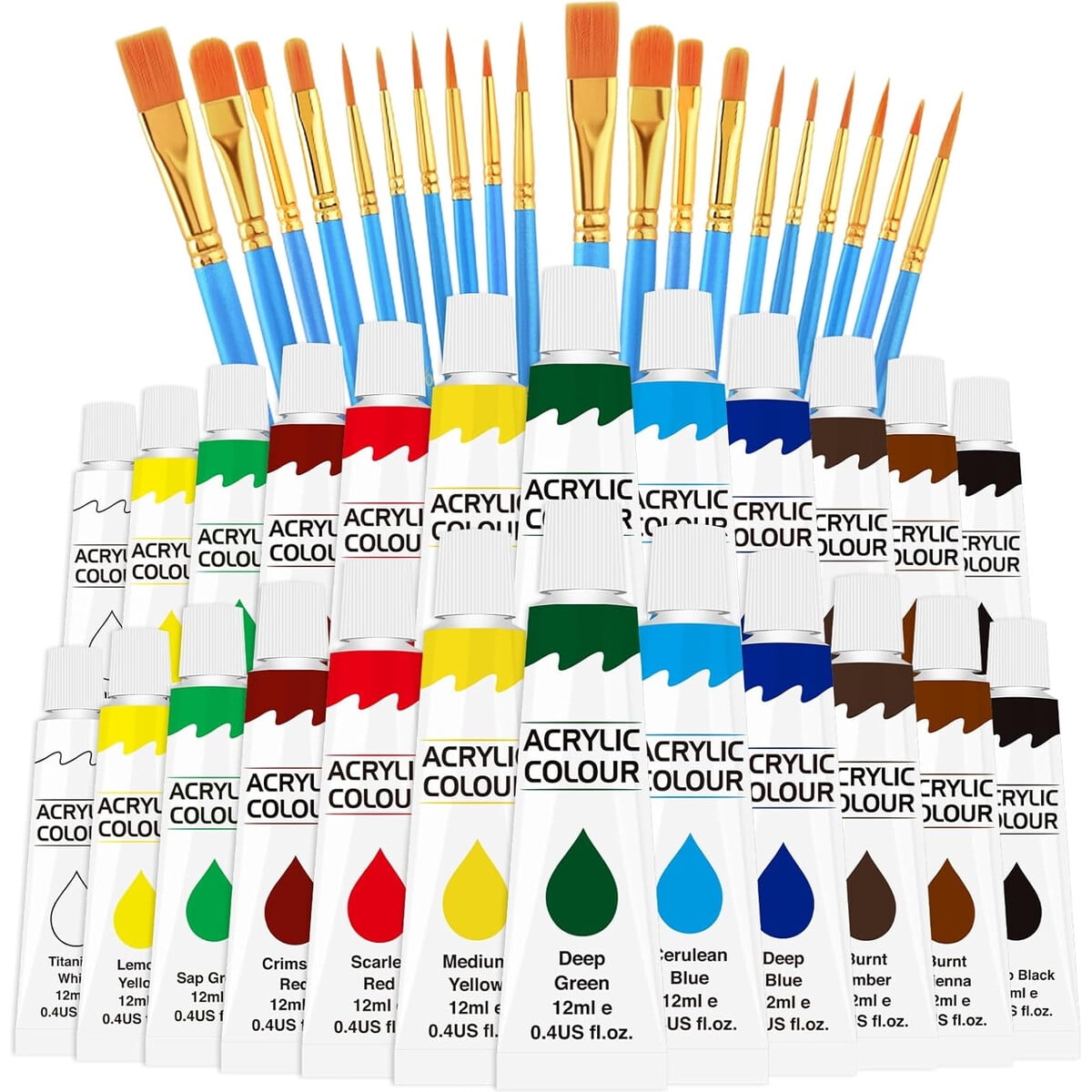 Set Pintura Acrílica Esrich 12 Colores 2 Pack 20 Pinceles