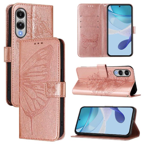 Funda cartera mariposa para Samsung Galaxy S25 Edge con soporte y ranuras para tarjetas Oro rosa