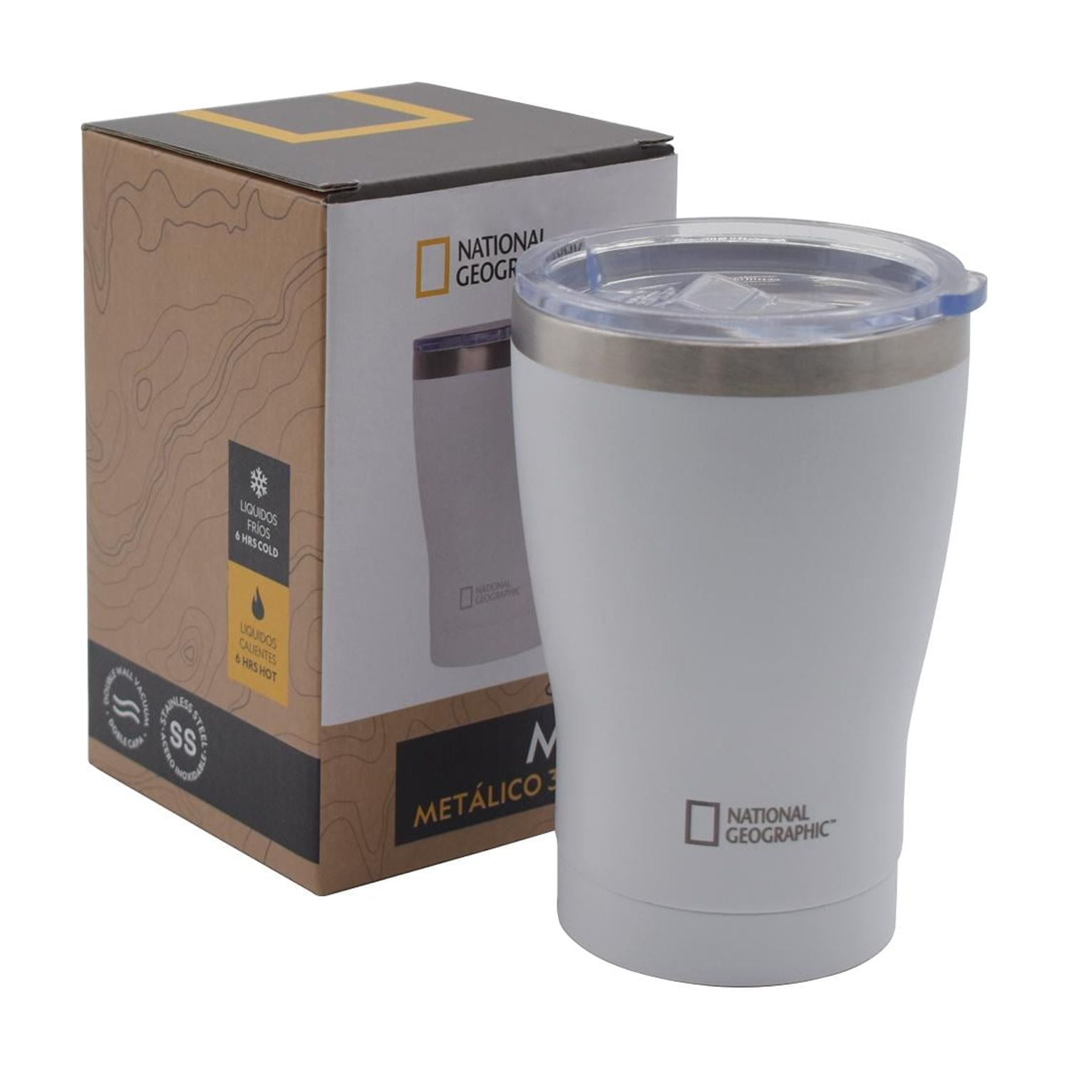 National Geographic - Mug Acero Inoxidable Tapa Transparente Rosca 350ml Blanco