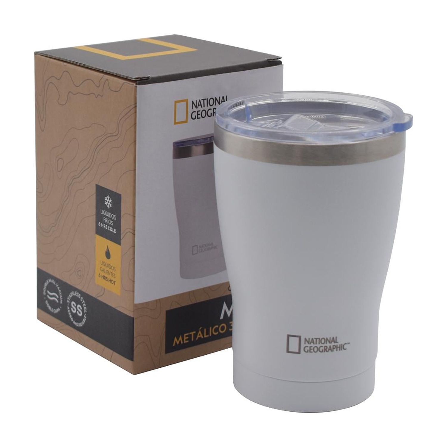 National Geographic - Mug Acero Inoxidable Tapa Transparente Rosca 350Ml Blanco