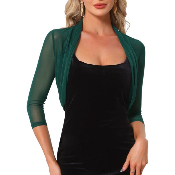 INSPIRE CHIC Bolero de Halloween para Mujer, Chaqueta Corta Semitransparente con Mangas 3/4, Cárdigan Recortado Verde Oscuro Talla S