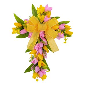 Bothyi - Corona De Pascua Con Forma De Cruz, Corona De Tulipanes Para Puerta De Entrada, Corona De Flores Artificiales Navideñas, Flores Rosas Y Amarillas