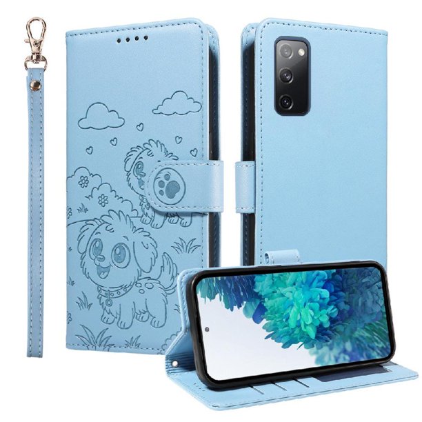 Funda Cartera para Samsung Galaxy S20 FE Perro Cachorro Grabado con Tarjetas Soporte Correa Azul