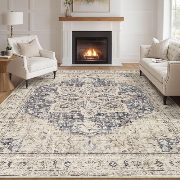 Alfombra Area Tortania, lavable, 9 x 12 pies, vintage, oriental, color azul crema
