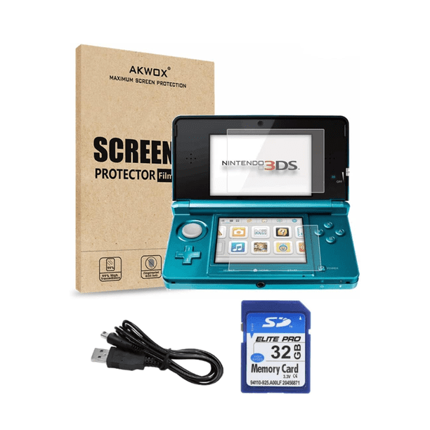 Nintendo 3DS Handheld Gaming Console - Aqua Blue (Refurbished) Bundle with RetroFam 32GB SD Card & Glass Screen Protector