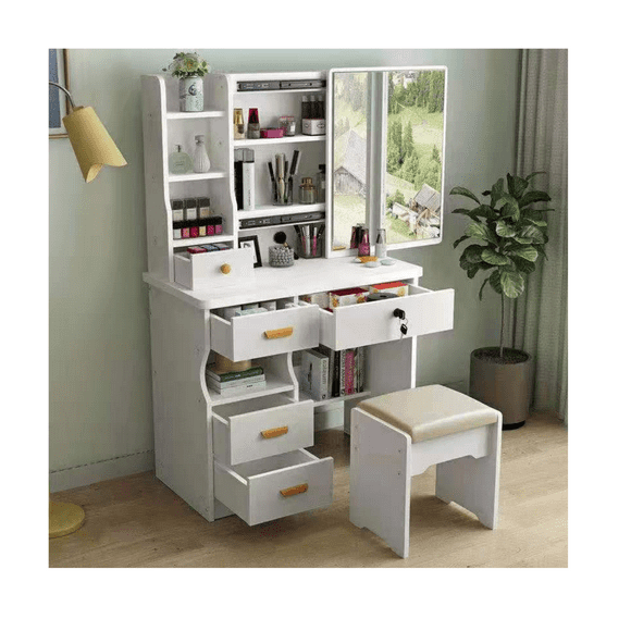 Tocador Con Taburete Blanco Y Espejo Giratorio 138x80x40cm 3136