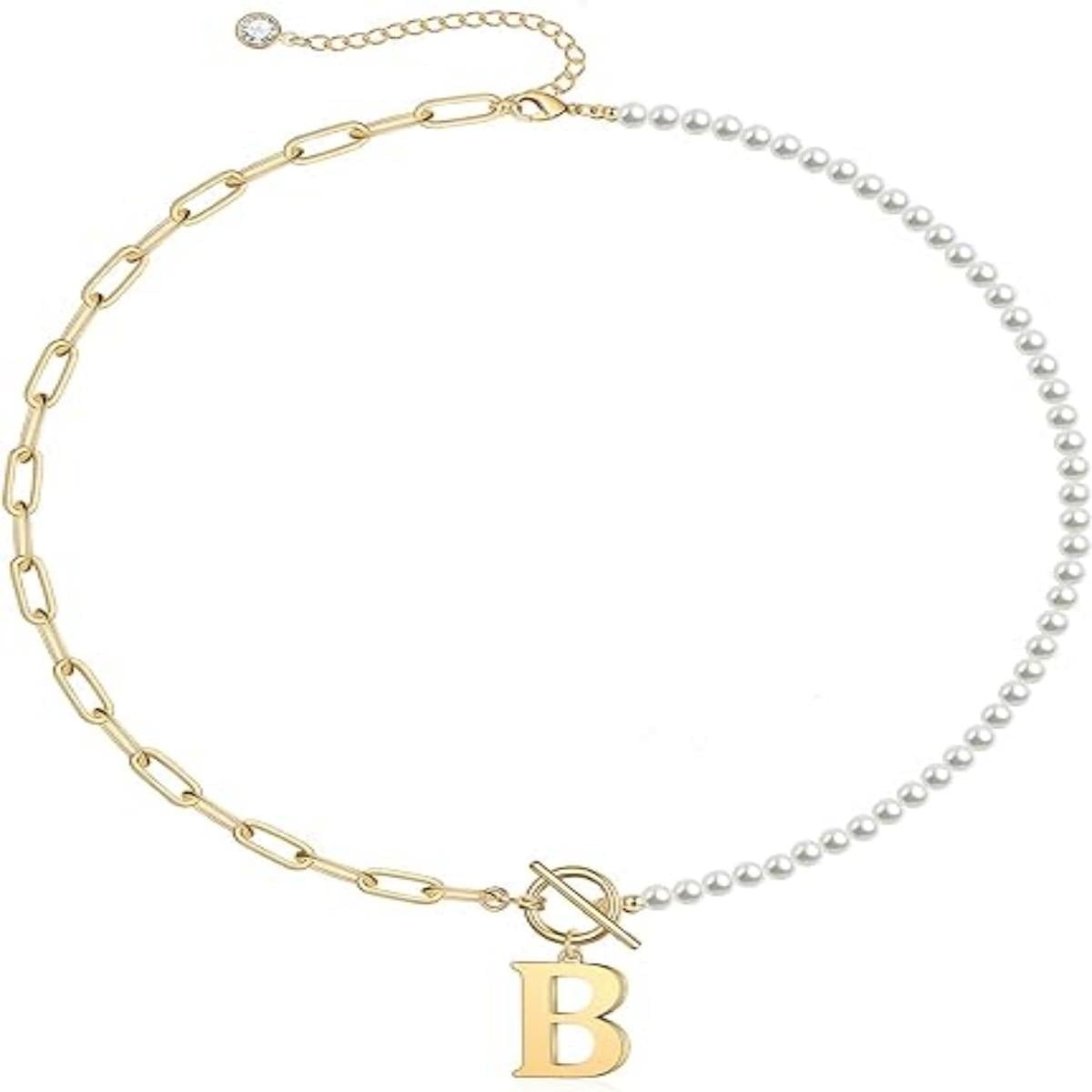 Collar Heshpaws Gold Initial Pearl 14k Gold Plated Paperclip Link Chain A-z