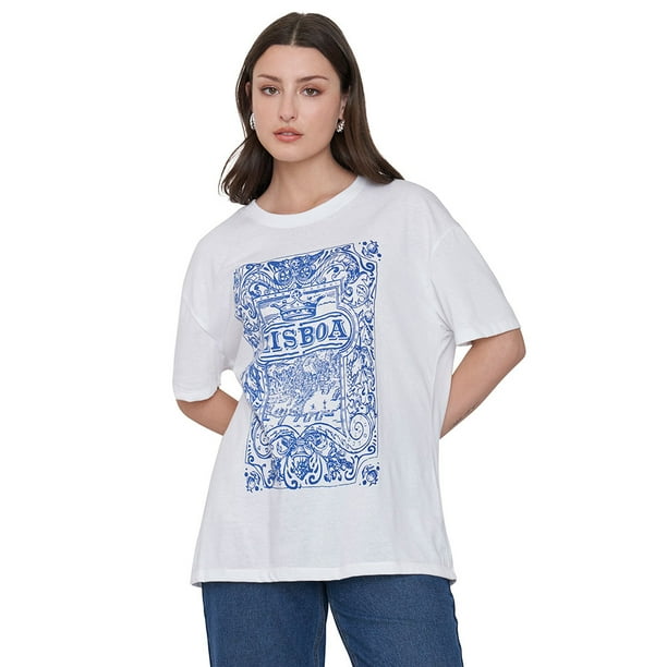 Polera Mujer Estampada Blanco/Celeste Corona