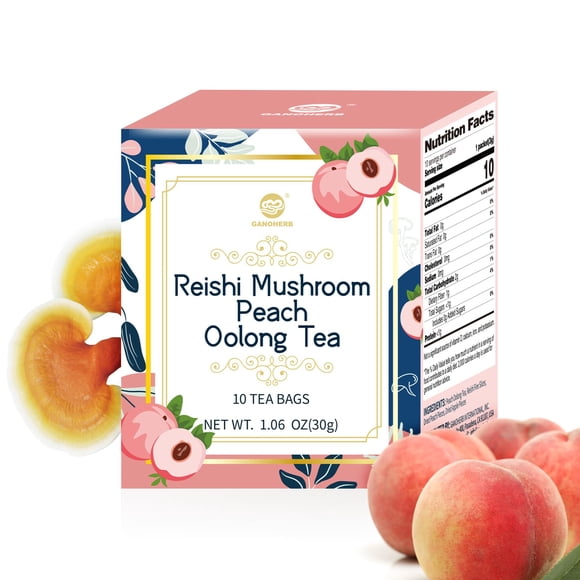 Té de oolong con melocotón y hongo reishi GANOHERB, té herbal adaptógeno con Ganoderma lucidum para apoyar la salud inmunitaria, aliviar el estrés, sin cafeína, sin azúcar, 1.06 oz