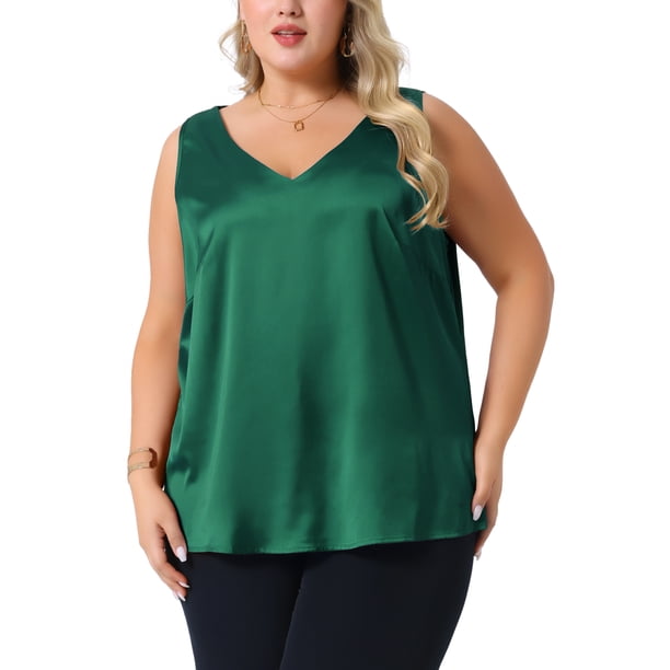 Agnes Orinda Conjuntos de Halloween para Mujeres Tallas Grandes Escuela Colegio Seda Satén Tops de Tirantes Cuello en V Casual Blusas Sin Mangas Básico de Verano Camiseta 1X Verde Oscuro