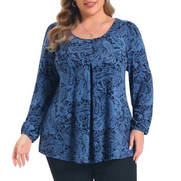 GRACE & GRANDEUR Conjuntos de Halloween Tops de Mujer de Talla Grande con Estampado Floral Pliegues Frontales Mangas de Linterna Cuello Redondo Blusas Casual Elegantes 4X Azul Oscuro