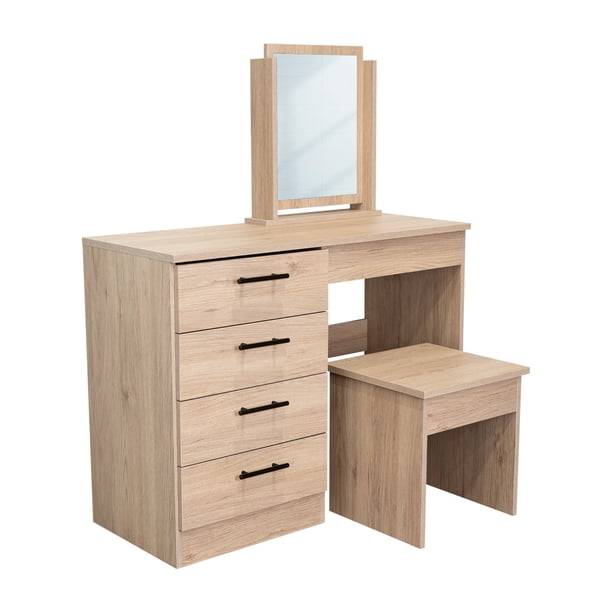 Mueble De Tocador Con Espejo 4 Cajones Y Silla 126x100x42 Cm Cafe claro y Blanco