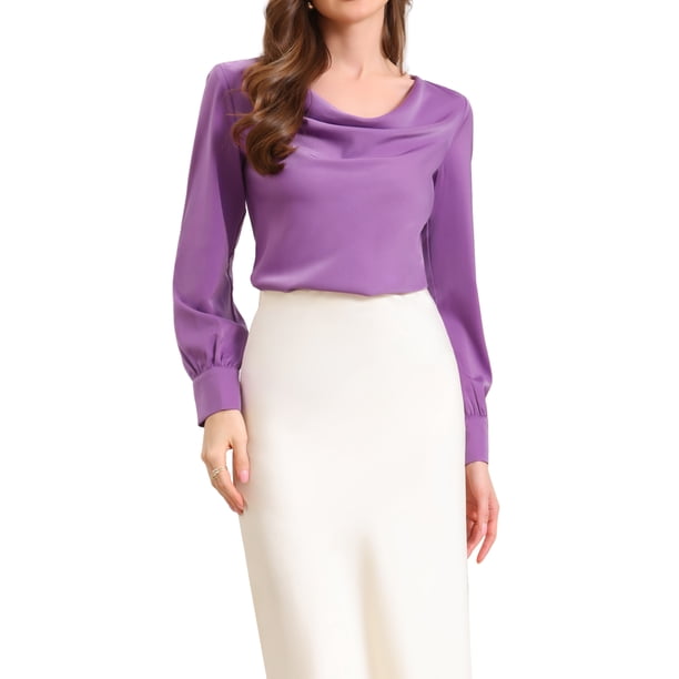 INSPIRE CHIC Camisa de trabajo casual para mujer con cuello drapeado, blusas de oficina de otoño a la moda, L Púrpura