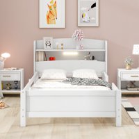 M&Ms - Wood Twin Size Platform Bed With Built-In Led Light, Storage Headboard And Guardrail, White