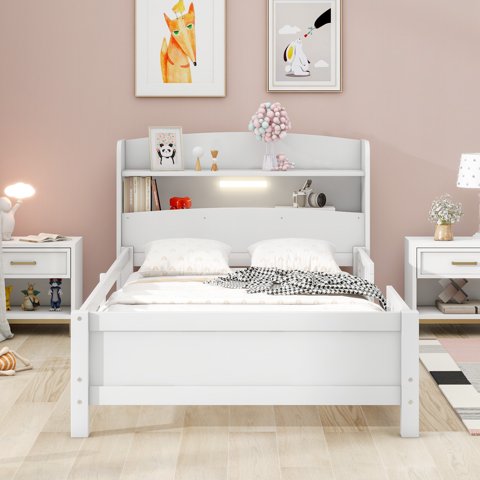 M&Ms - Wood Twin Size Platform Bed With Built-In Led Light, Storage Headboard And Guardrail, White