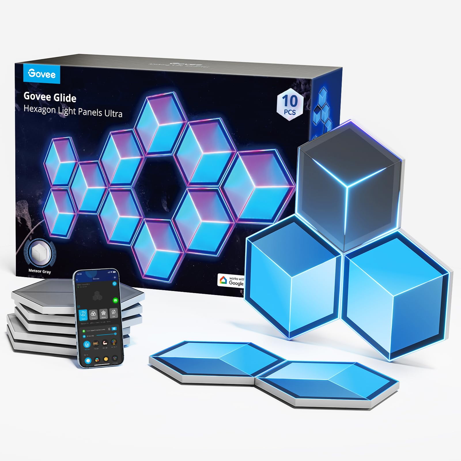 Paneles De Iluminación Govee Glide Hexagon Ultra Rgbic 3d, Paquete De 10