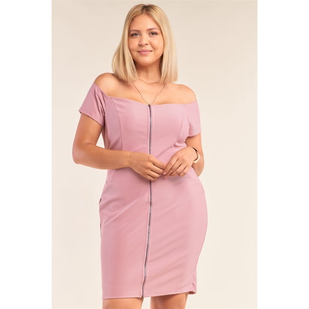 Vestido Mini Ajustado con Hombros Descubiertos y Cremallera Frontal de Talla Grande