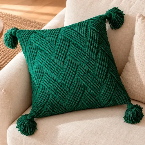 Funda De Cojin 45x45cm Chenille Nordico Boho Borlas Larentia Verde