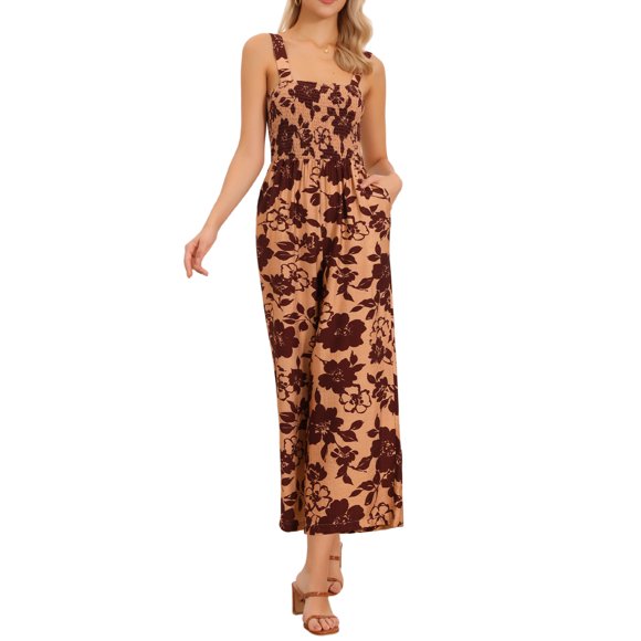 INSPIRE CHIC Monos Florales para Mujer Casual Sin Mangas de Cintura Alta Pantalones Largos de Pierna Ancha con Bolsillos L Naranja