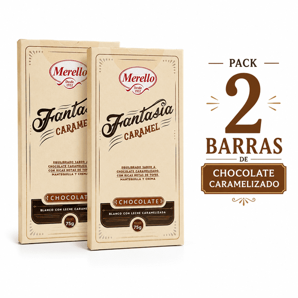 PACK DE 2 TABLETAS CHOCOLATE BLANCO CARAMEL FANTASIA MERELLO 75 G
