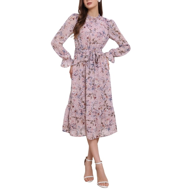 INSPIRE CHIC Vestido de Mujer Floral Cuello Simulado Volante Manga Larga Chifón Flowy Vestidos Midi Línea A Rosa L