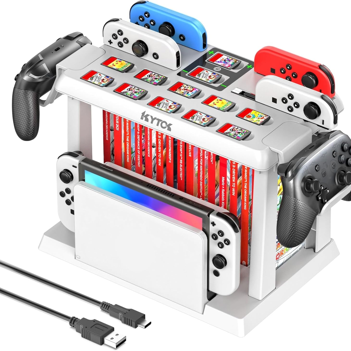 Genérico - Estación Organizadora De Juegos Switch Con Cargador De Mandos, Base De Carga Para Nintendo Switch/oled Joycons Kit De Almacenamiento De Accesorios-blanco