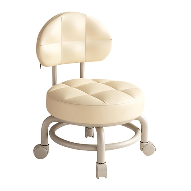 Taburete Con Ruedas Redondo Bajo Limpieza Con Respaldo Para Salón Peluquería Cocina Beige