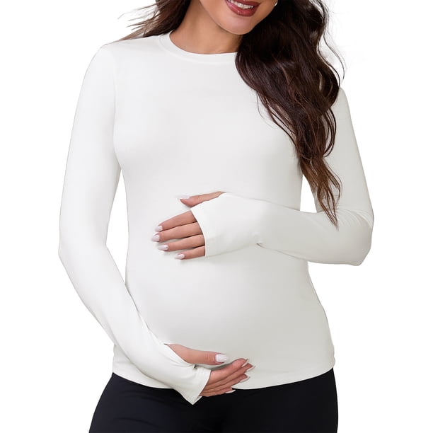 INSPIRE CHIC Camiseta de maternidad ajustada elástica de manga larga con agujeros para los pulgares, cuello redondo, camiseta de yoga para embarazo, M, blanco