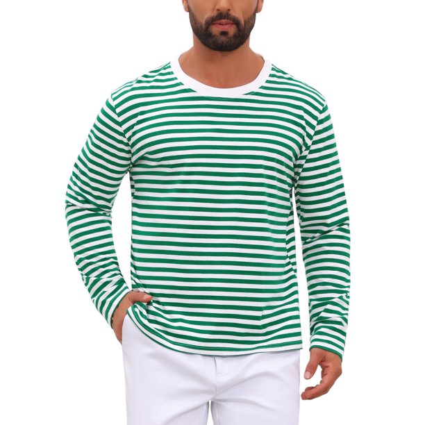 INSPIRE CHIC Camiseta de Hombre Cuello Redondo a Rayas de Manga Larga Pullover Top 50 Verde Blanco