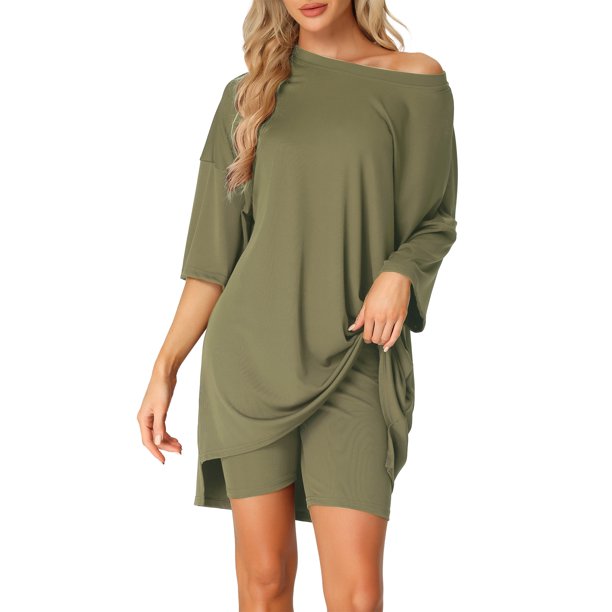 INSPIRE CHIC Conjunto de salón de punto acanalado para mujer Camiseta de manga corta de gran tamaño y pantalones cortos de ciclista de cintura alta Conjunto suave de dos piezas para verano S Verde