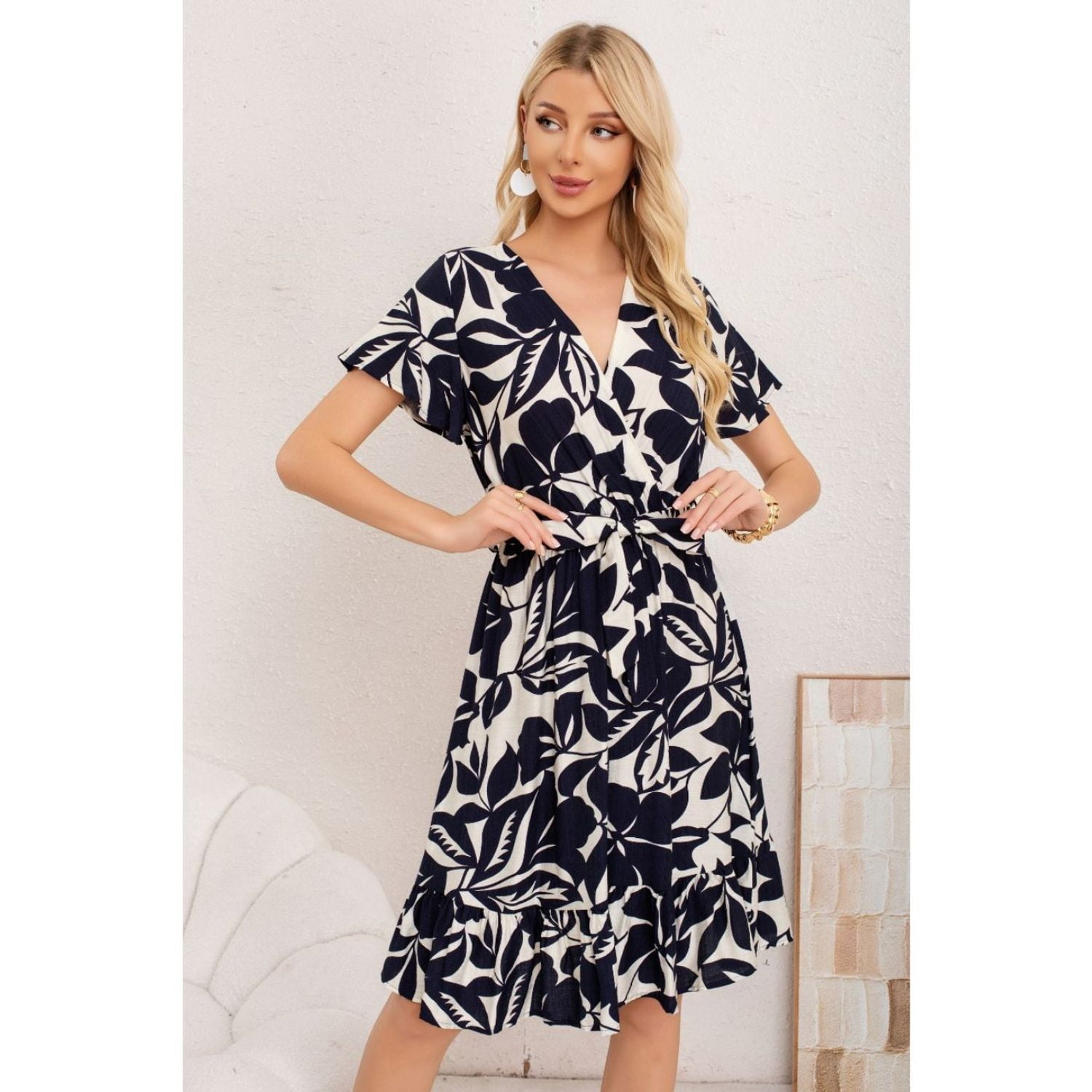 Likeshop - Vestido Corto Mujer Cruzado Manga Corta Estampado 3367