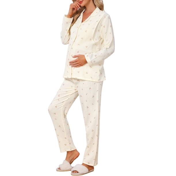 INSPIRE CHIC Conjunto de Pijama para Mujer 100% Algodón de Manga Larga con Botones, Ropa de Dormir y Conjunto de Descanso con Ajuste Relajado S Beige Cereza