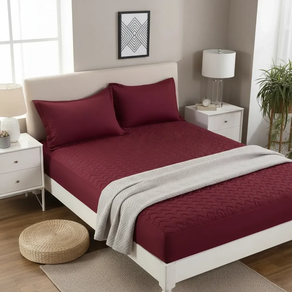 Casadeliacl - Cubre Colchón Impermeable T.f.i Para Colchones Hasta 30 Cm Burdeo Liso 2 Plazas