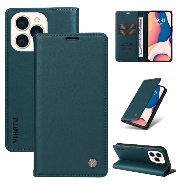 Funda Billetera de Cuero para iPhone 14 Pro con Tarjetero y Soporte - Tapa Magnética Azul